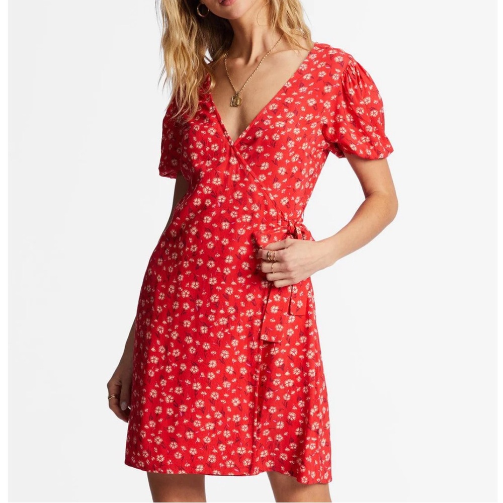 Billabong Hot Tropics Mini Wrap Dress Red White Floral Puff Sleeve-XS